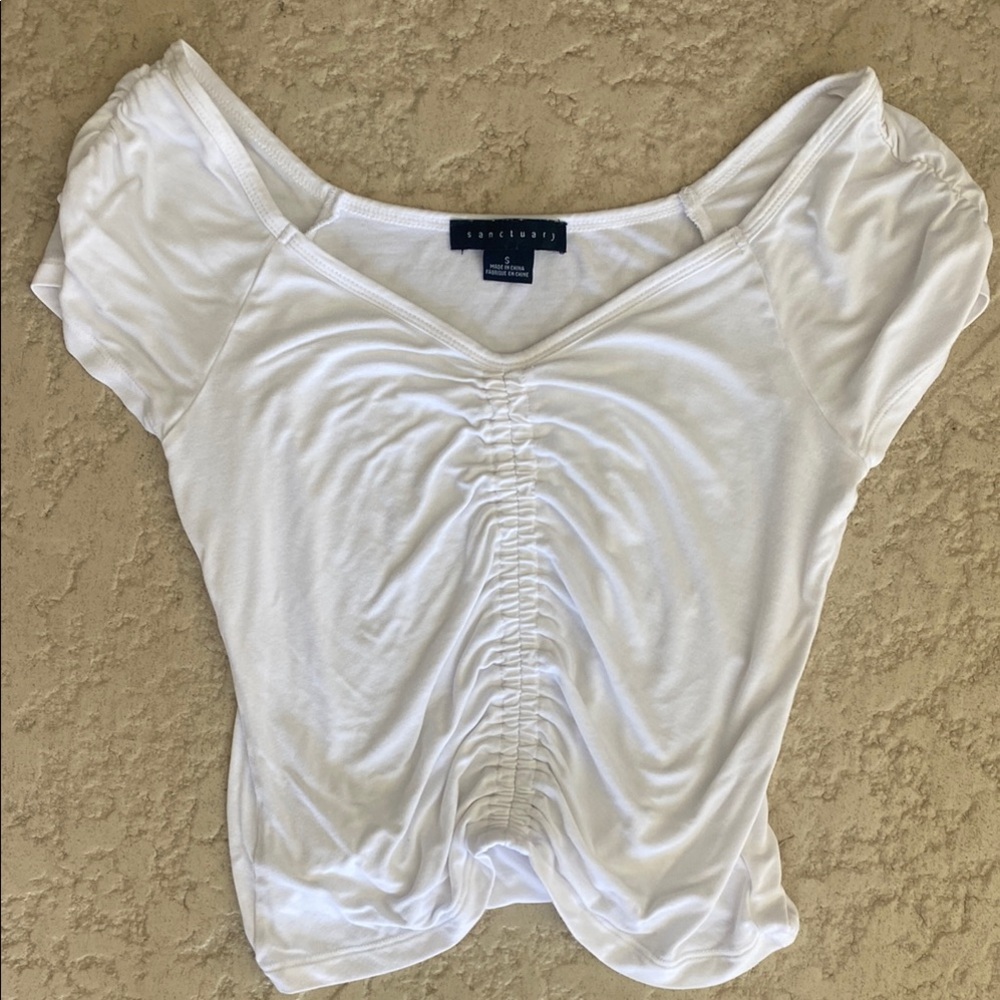 Sanctuary White Ruched Cap Sleeve Blouse